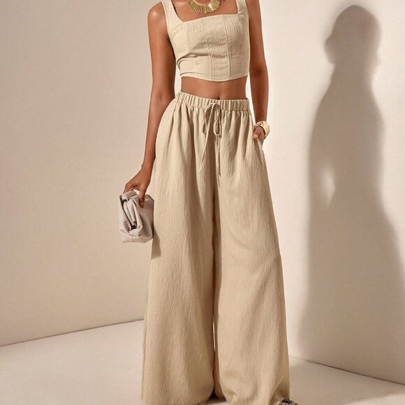 Khaki womens crop top & flowy wide legged pants textured fabric coord set - Picture 4 of 8